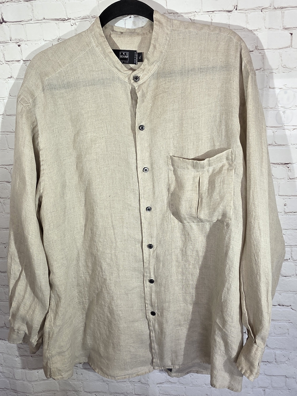 Ike Behar New York Men's XL 100% Linen Band Collar Shirt Beige Made in USA